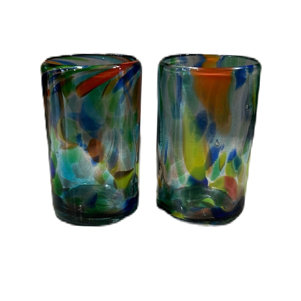 2 Crate & Barrel Mexican Hand Blown Recycled Drinking Glasses Multicolor Dot Rue
